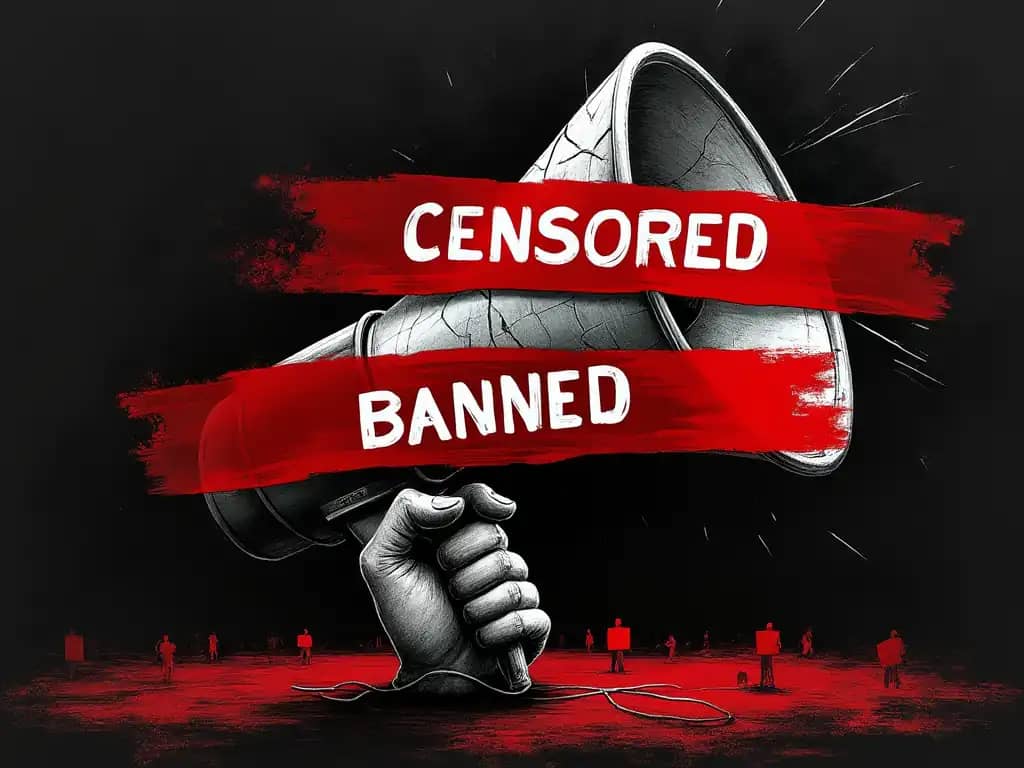 Cracked megaphone wrapped with red tape labeled 'Censored' and 'Banned,' symbolizing the breakdown of free speech. Silhouettes of figures holding signs are visible in the dark background.